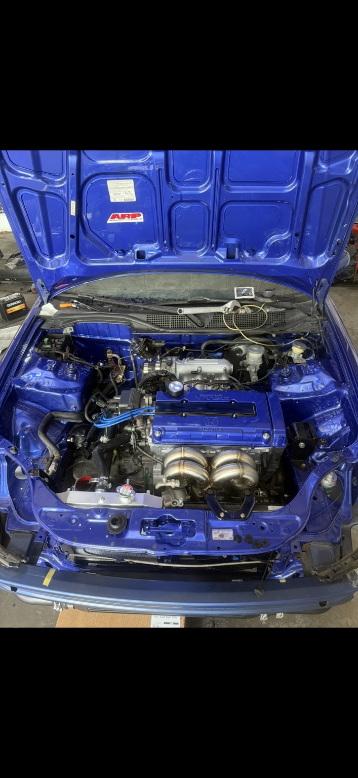 2000 Honda Civic Si turbo build, full blue engine bay view